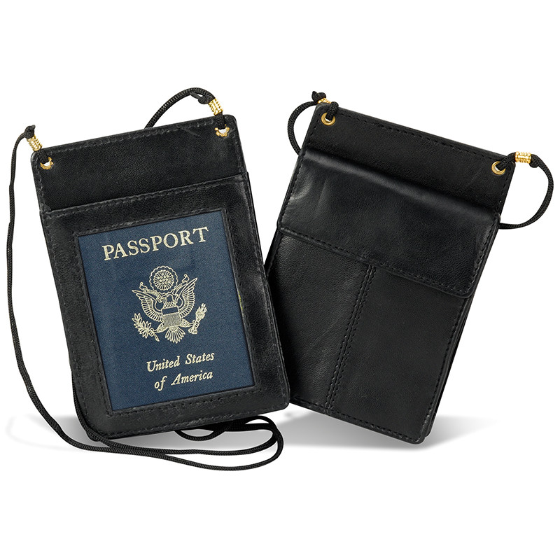 leather passport holder with neck strap
