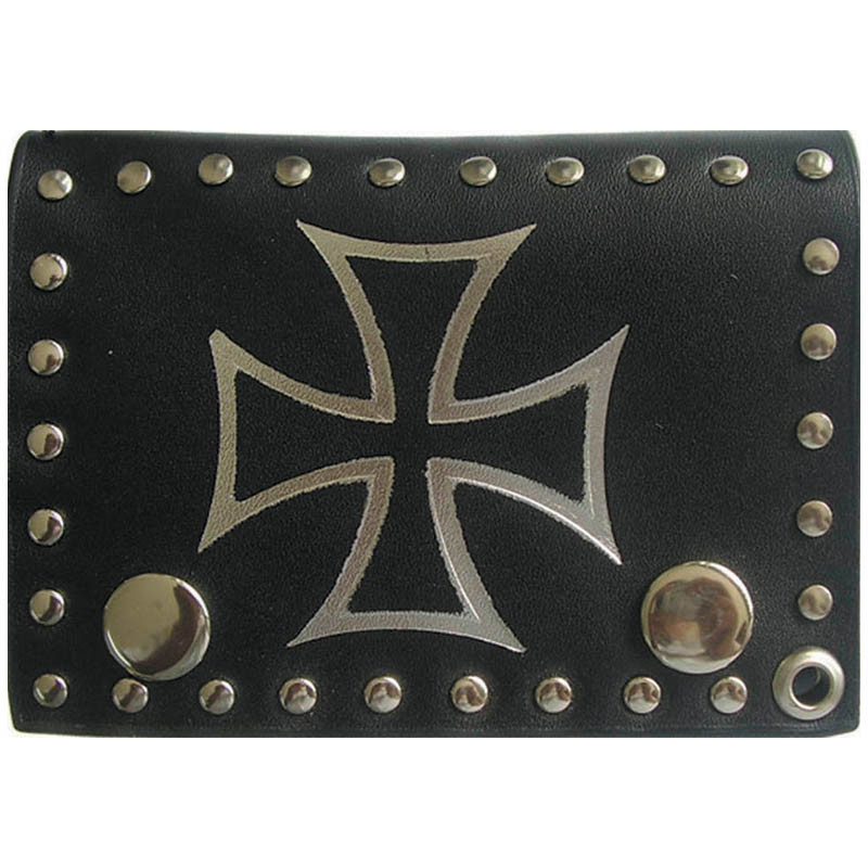 Black Leather Trifold Chain Wallet with Maltese Cross - Western