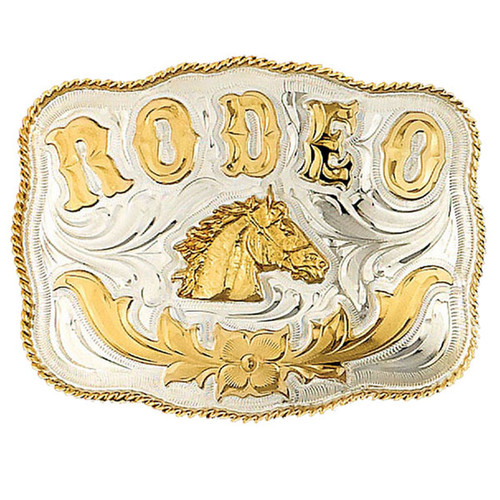 Horse Head & Rodeo German Silver Belt Buckle - Oversize
