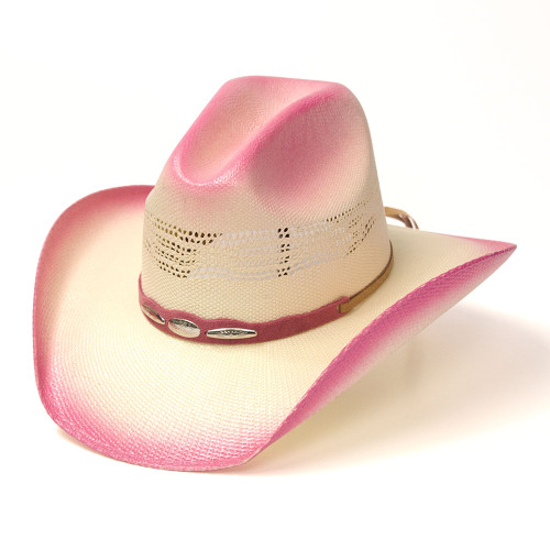 Straw Western Cattleman Hat with Pink Trim & Silver Concho Hat Band