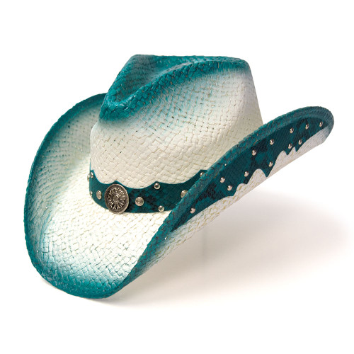 Straw Western Pinch Front Hat with Turquiose Trim, Sunburst Concho Hat Band, & Leather Sides