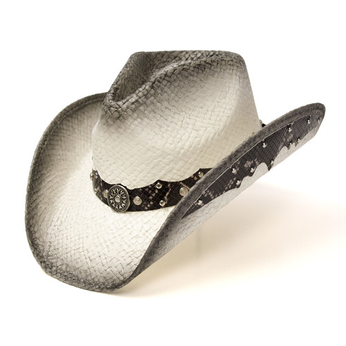 Straw Western Pinch Front Hat with Gray Trim, Sunburst Concho Hat Band, & Leather Sides