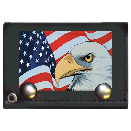 Black Leather Trifold Chain Wallet with Eagle Head & American Flag