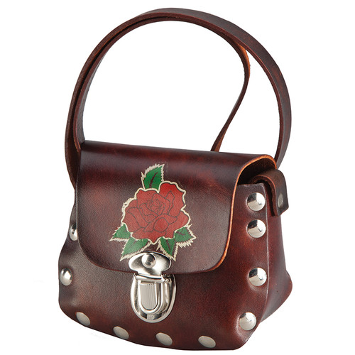 Made in the USA - Antiqued Brown Genuine Leather Purse with Single Rose