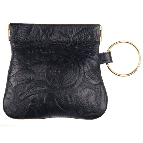 Made in the USA - Black Tooled Genuine Leather Squeeze Coin Purse with Key Ring