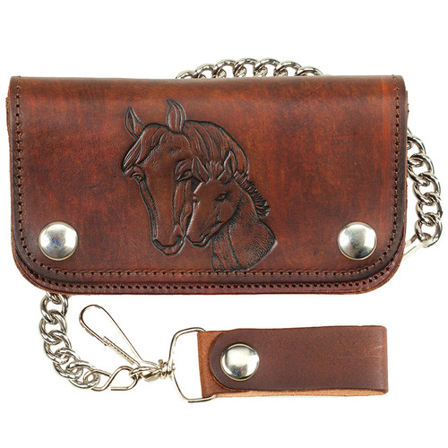 Made in the USA - Antiqued Brown Leather Chain Wallet with Embossed Horse Heads