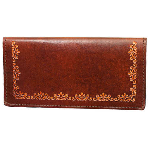 Made in the USA - Antiqued Brown Leather Checkbook Wallet with Filigree Tooling
