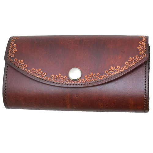 Made in the USA - Antiqued Brown Leather Checkbook Organizer Wallet with Embossed Filigree