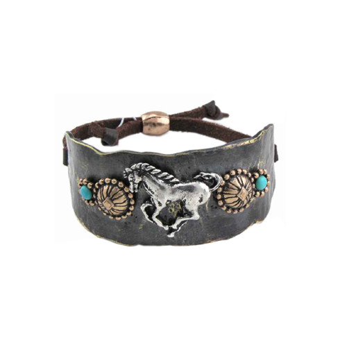 Horse with Turquoise Accent Leather Tie Cuff Bracelet