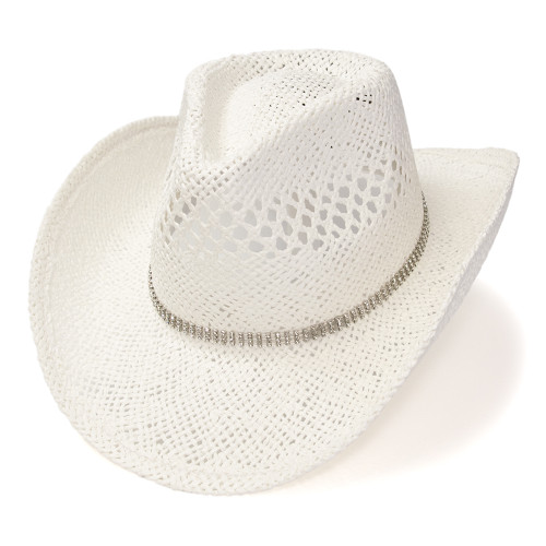 White Twisted Straw Western Pinch Front Hat with Rhinestone Hat Band