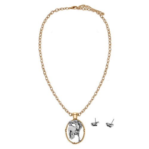 Western Horse Oval Pendant Necklace Set – Silver with Gold Accent