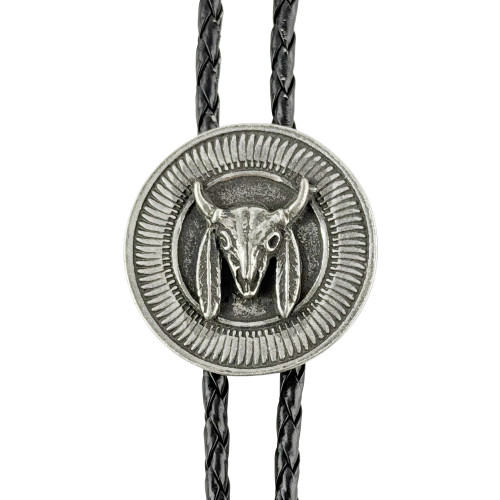 Round Bull Skull Western Bolo Tie - Cast Pewter