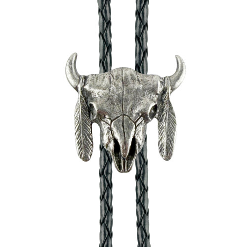 Bull Skull Feather Western Bolo Tie - Cast Pewter