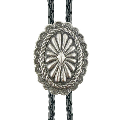Oval Floral Concho Western Bolo Tie - Cast Pewter