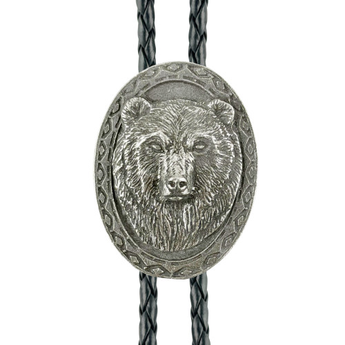 Oval Bear Head Western Bolo Tie - Cast Pewter