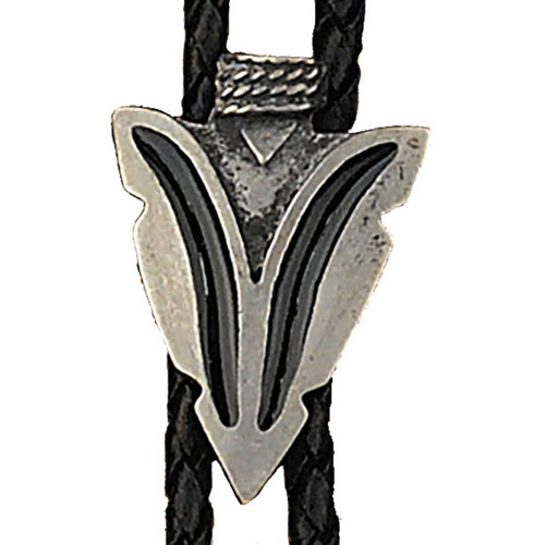 Made in the USA - Silver Plated Arrowhead Bolo Tie with Black Enamel
