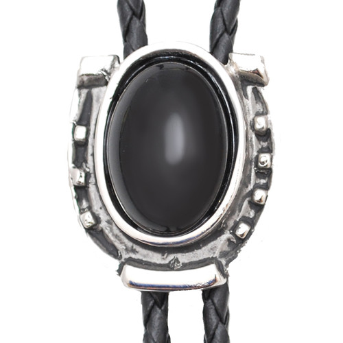 Made in the USA - Antique Silver Horseshoe with Onyx Stone Bolo Tie