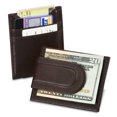 Brown Leather ID / Card Holder with Magnetic Money Clip