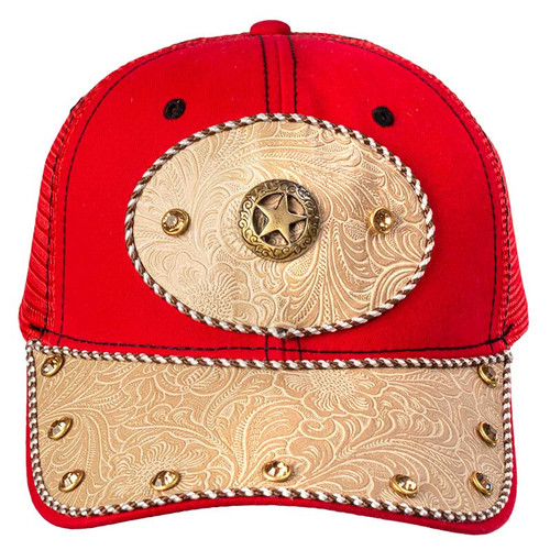 Red Western Baseball Cap with Star Embellishment, Tooled Leather Brim, & Rhinestone Studs