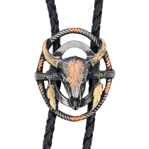 Made in the USA - Steer Skull Bolo Tie with Feather