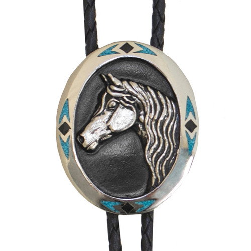 Made in the USA - Horse Head in Oval Bolo Tie with Turquoise Inlay