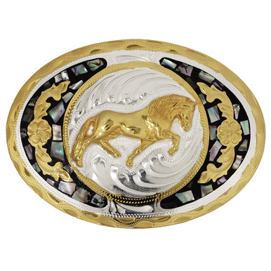 Galloping Horse & Abalone German Silver Belt Buckle  display picture 2