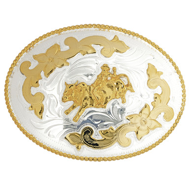 Western Silver and Gold Tone with Oval Stone Engraved Scrollwork Belt Buckle* Vintage Western Belt Buckle Ornate Silver Tone Oval Stone  main image 2