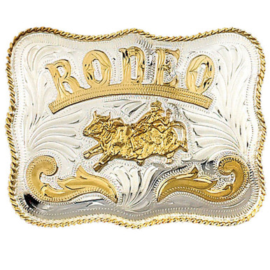 AndWest Men's Silver and Gold Scalloped Rodeo Bull Riding Etched Belt Buckle