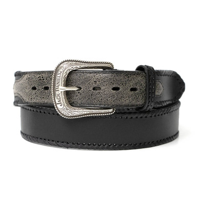 Black Leather Belt, Embroidered Overlay Laced Edge, Silver  display picture 2