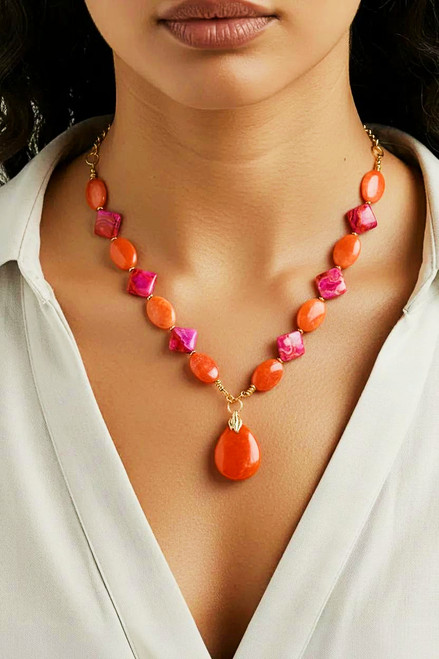 Red Aventurine/Pink Crazy Lace Agate Gemstone Statement Necklace