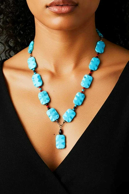 Red Coral/Blue Magnesite Gemstone Statement Necklace