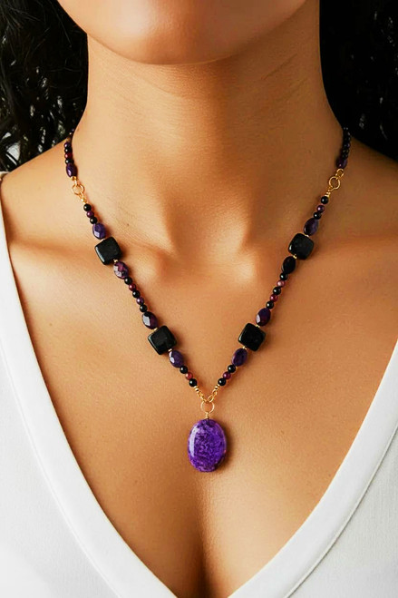 Purple Crazy Lace Agate/Black Stone Gemstone Statement Necklace