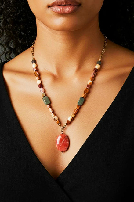 Sunset Mookaite/Brown Italian Onyx Gemstone Statement Necklace