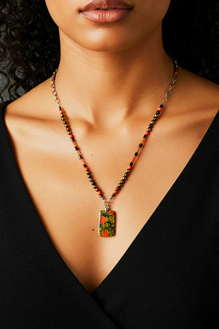 Women's Pyrite/ Pearl Coral/Unakite Gemstone Statement Necklace