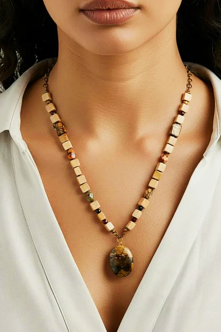 Tan Marble/Jasper/Sierra Agate Gemstone Statement Necklace