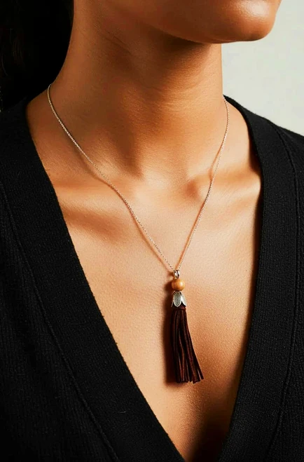 Women's Dark Brown Suede Tassel Necklace