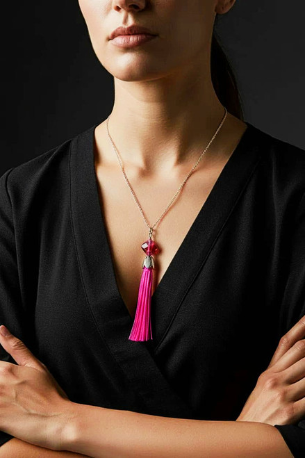 Women's Fuchsia Pink Suede Tassel Necklace