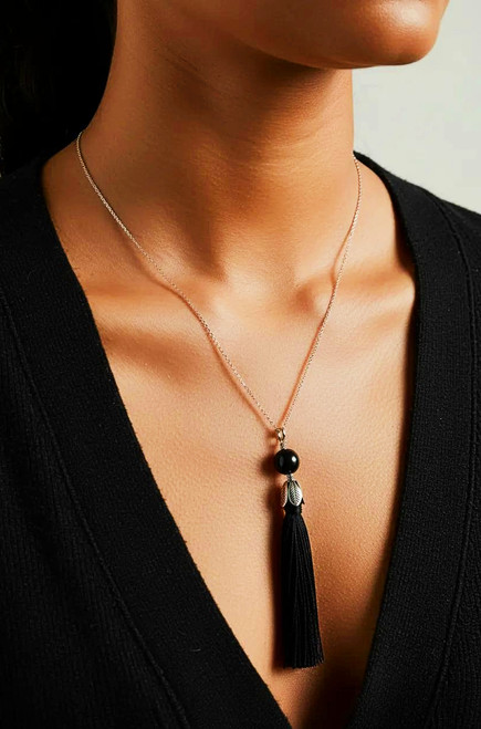 Women's Black Suede Tassel Necklace