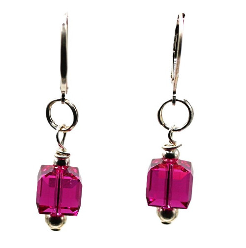 Women's 8 mm Fuchsia Pink Faceted Cube Crystal Dangle Earrings