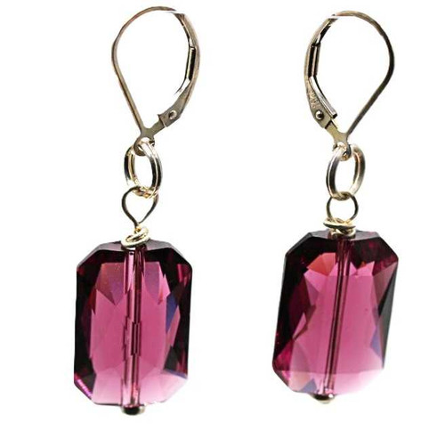 Women's 18 mm Amethyst Emerald Cut Crystal Dangle Earrings