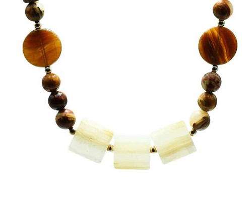 Women's Brown Oval & Flat Square Italian Onyx Gemstone Necklace