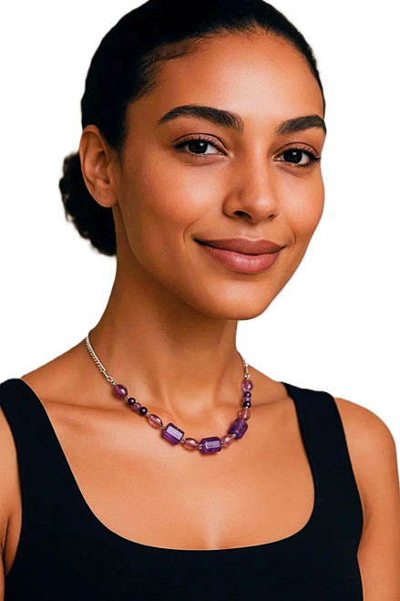 Amethyst Cylinder & Tube Gemstone Necklace
