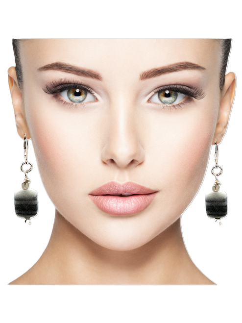 Women's Black & Gray Marble Gemstone Dangle Earrings