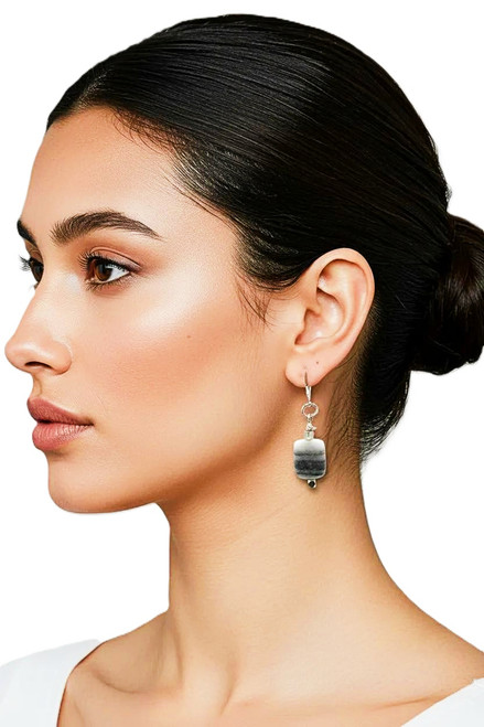 Women's Black & Gray Marble Gemstone Dangle Earrings