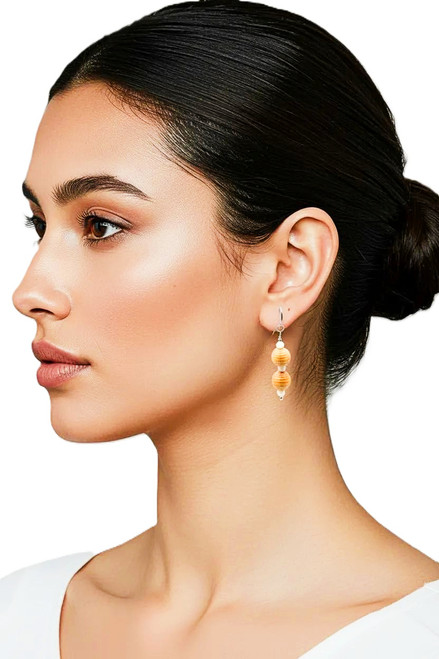 Women’s Light Brown Ribbed Wood Bead/White Shell Pearl Gemstone Dangle Earrings