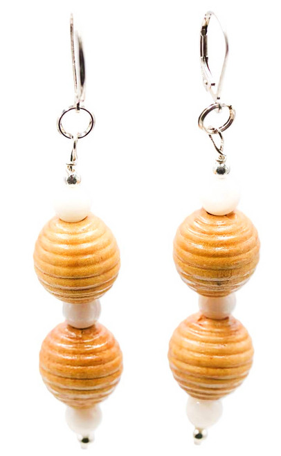 Women’s Light Brown Ribbed Wood Bead/White Shell Pearl Gemstone Dangle Earrings