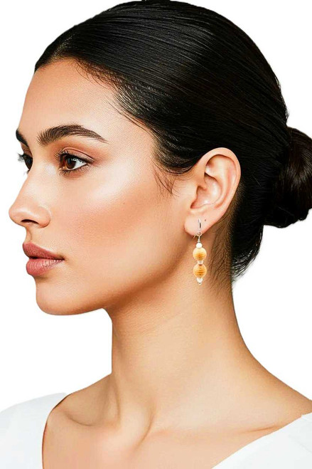 Women’s Light Brown Ribbed Wood Bead/White Shell Pearl Gemstone Dangle Earrings