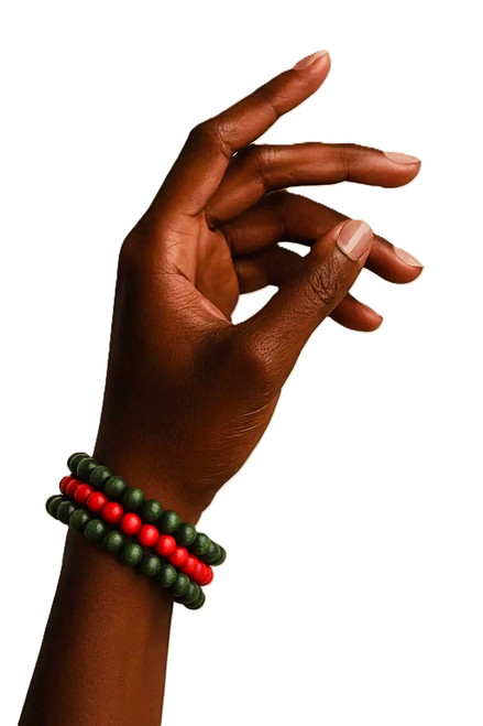 Women's Dark Green/Dark Red/Choclate Brown Wood Bead Bracelet Stack