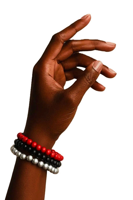Women's Light Silver Gray/Black/Red Wood Bead Bracelet Stack