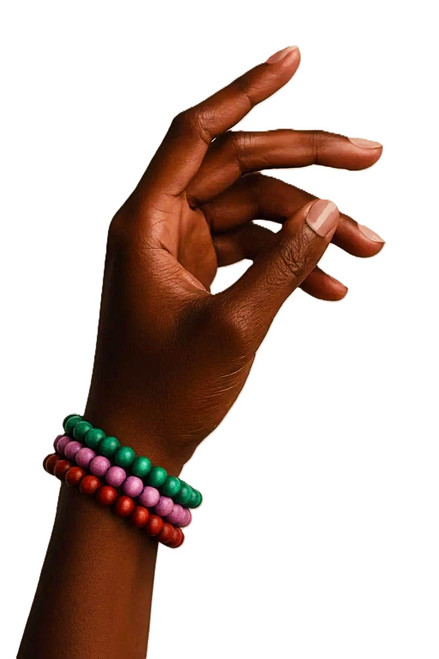 Women's Dark Red/Emerald Green/Lavender Purple Wood Bead Bracelet Stack
